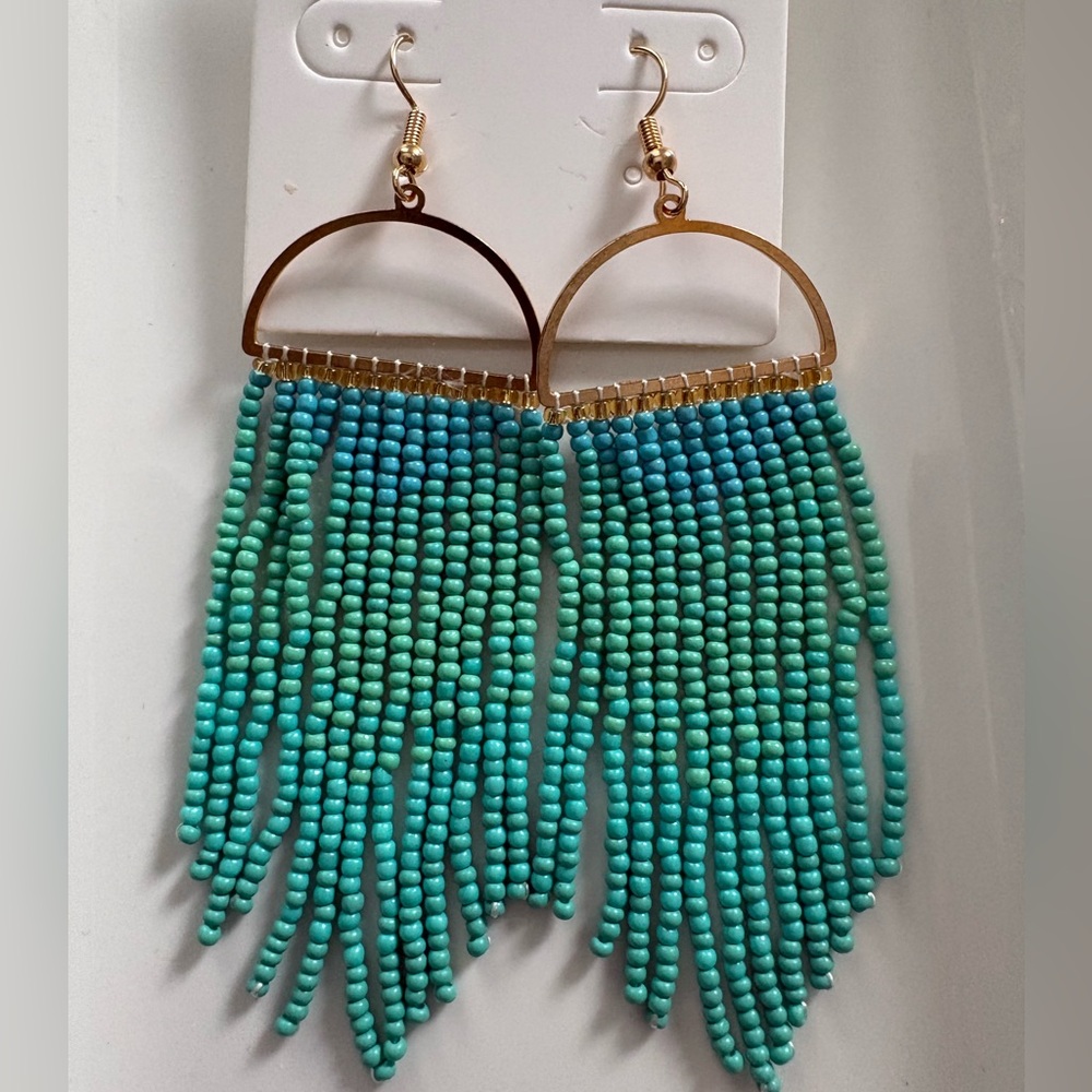 NWOT Statement Turquoise Beaded Fringe Earrings